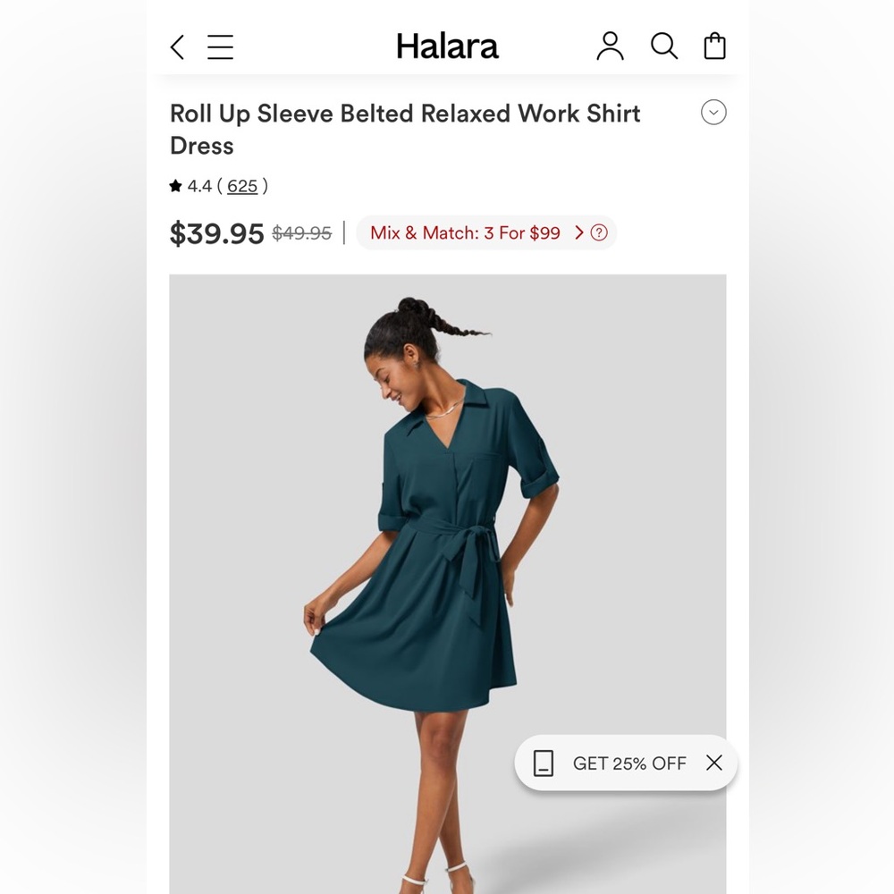 HALARA Top NWT XS Roll Up Sleeve Belted Relaxed Work Shirt Dress MSRP $49.95